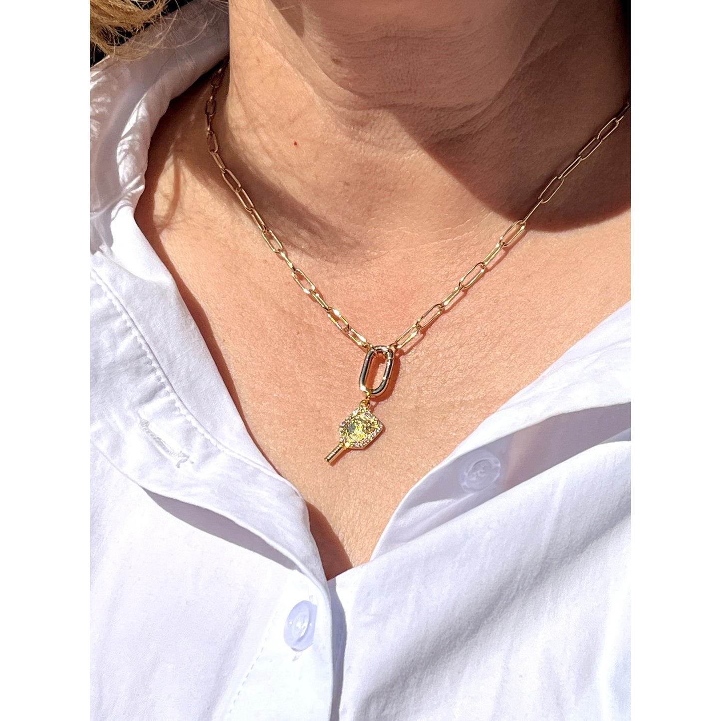 Gold Pickleball Charm with CZ diamond details