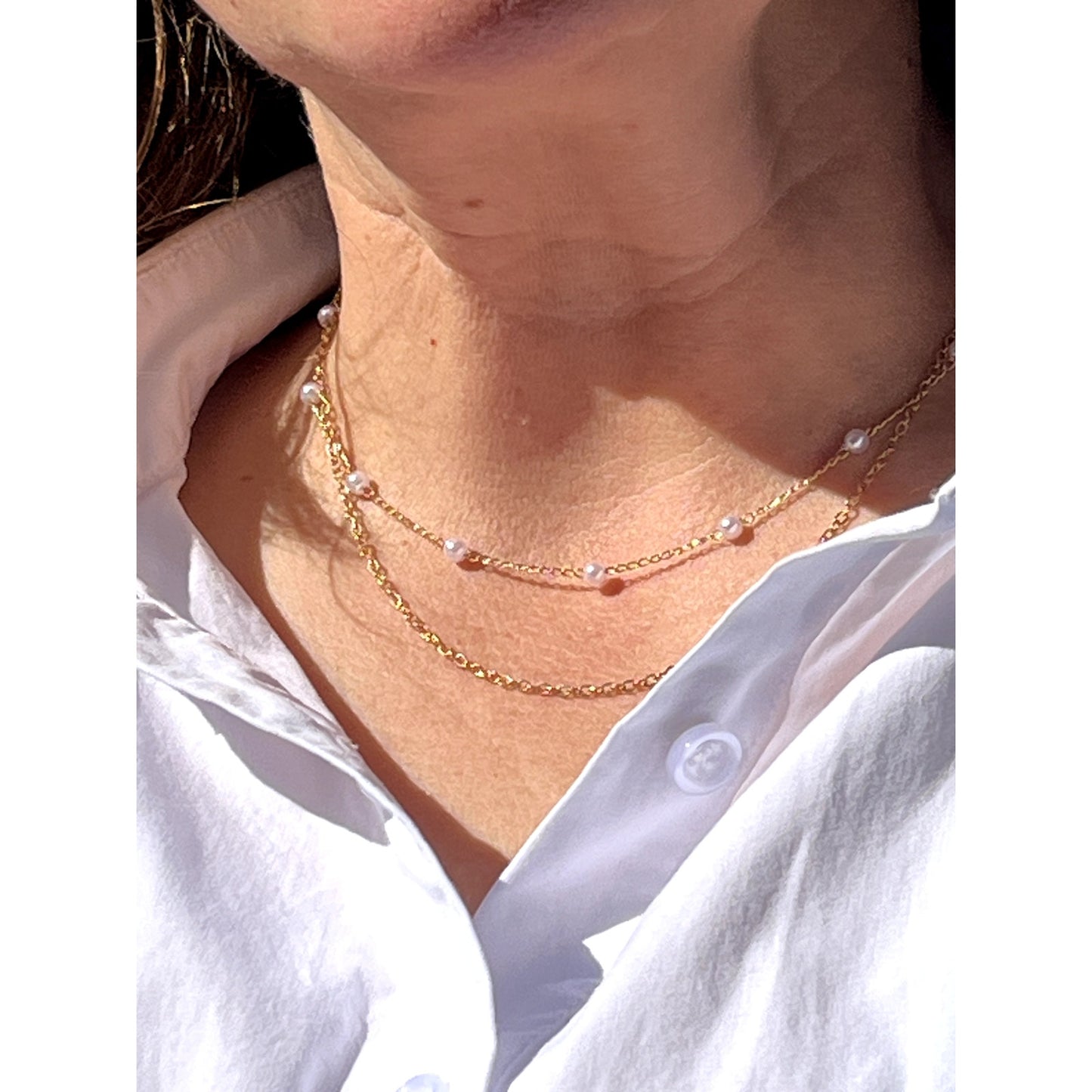 Delicate Double Strand Gold and Pearl Necklace