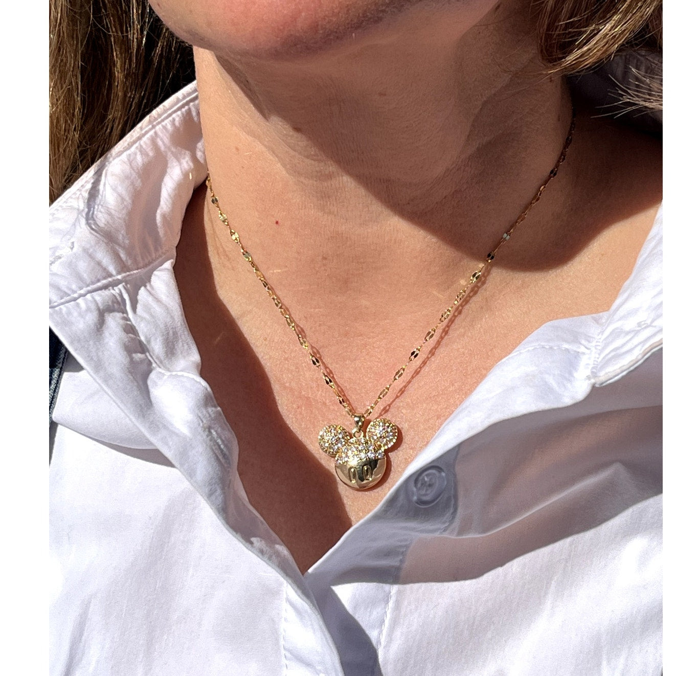 Gold Mickey Necklace, CZ diamonds add darling details