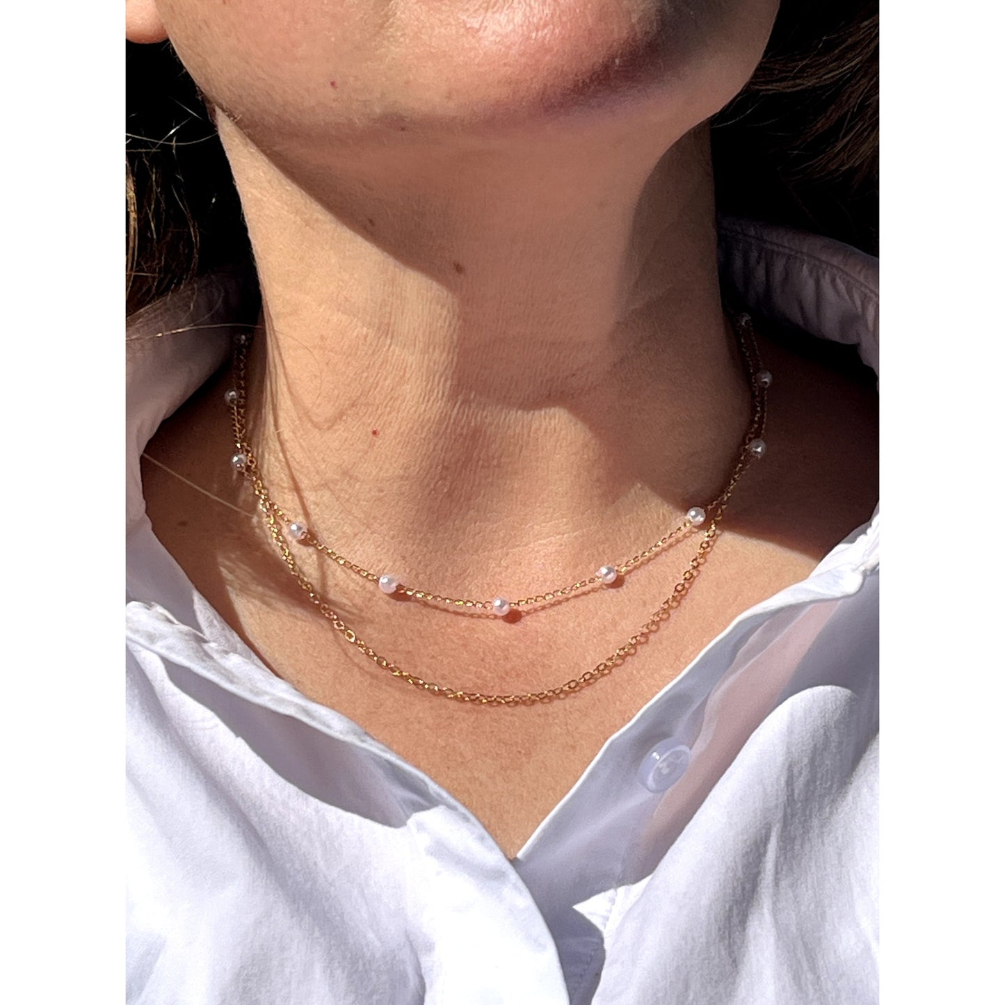 Delicate Double Strand Gold and Pearl Necklace