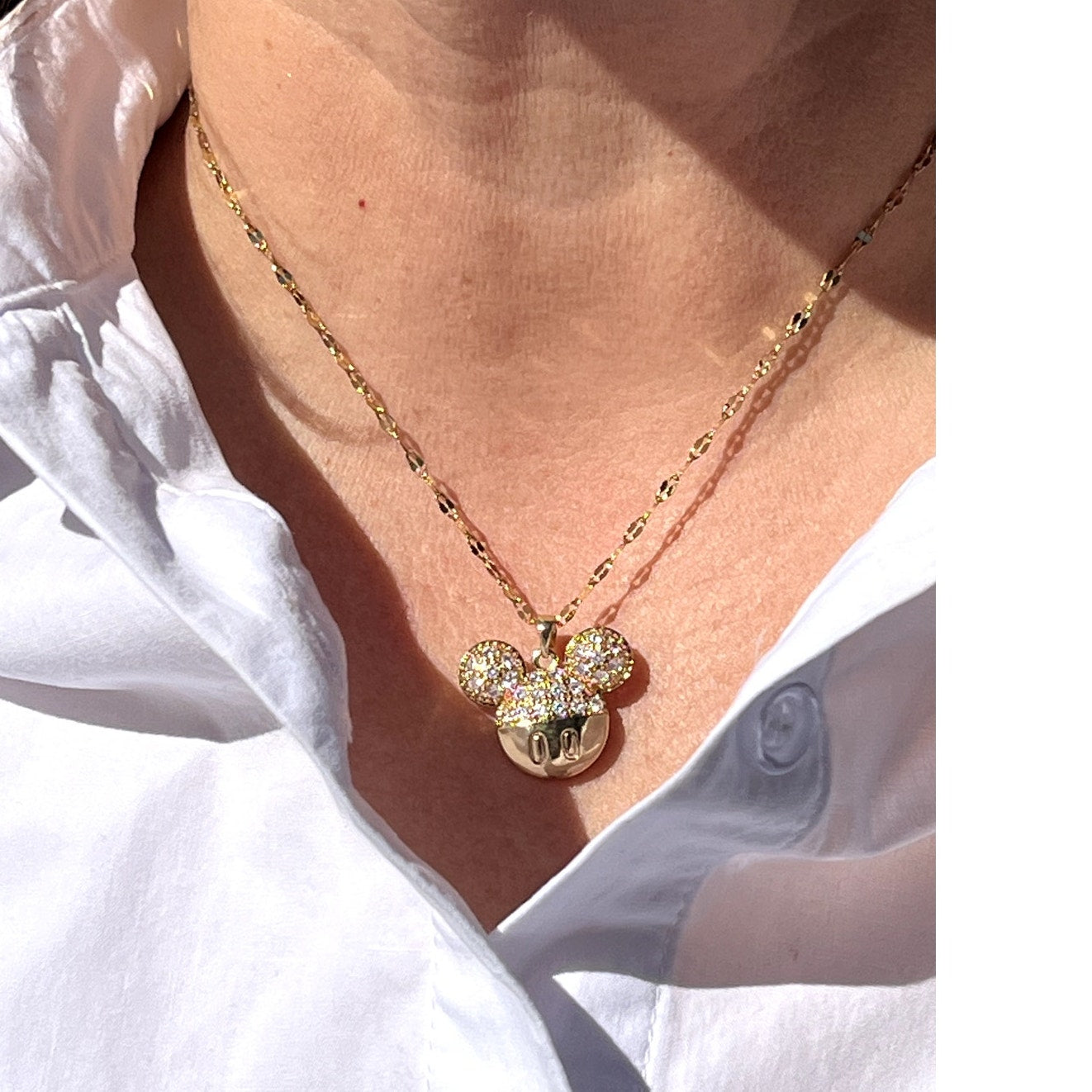 Gold Mickey Necklace, CZ diamonds add darling details